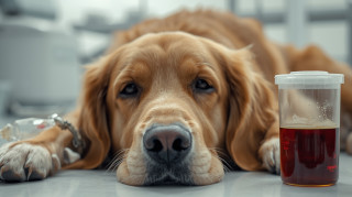 Тёмная моча при пироплазмозе у собаки — признак гемоглобинурии. Иллюстрация к статье о защелачивающей терапии.