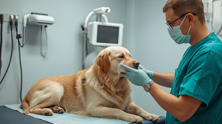 Ветеринарный врач проводит лечение собаки от пироплазмоза в клинике